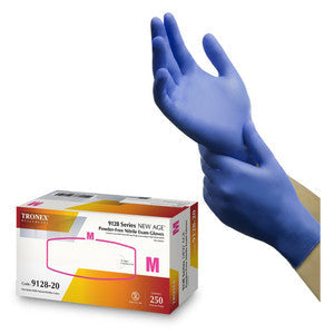Large Tronex Age Nitrile Exam Disposable Medical Gloves for first aid, shown in a medical setting with gloves on.