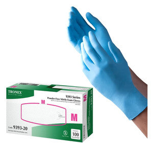 Pack of 100 small powder-free Tronex Nitrile gloves for first aid, shown in a clear image with gloves laid flat.