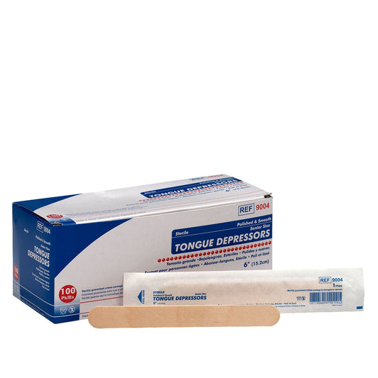 Sterile Unimed Midwest tongue depressors, 6-inch size, in a box of 100, used for medical examinations and first aid.