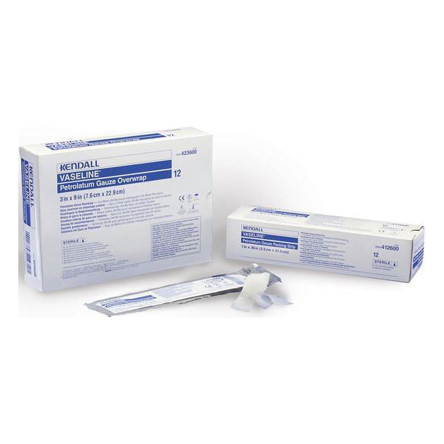 Vaseline 3x18-inch petrolatum gauzes for first aid, showing sterile gauze pads with petroleum jelly from Pasteur Pharmacy.
