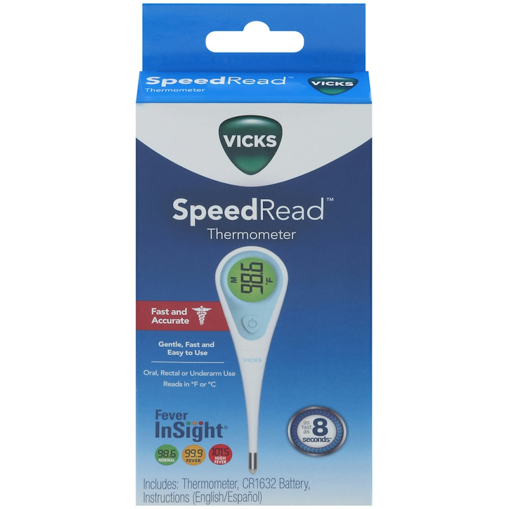 Vicks SpeedRead thermometer from Pasteur Pharmacy showing digital display and temperature probe for quick fever measurement.