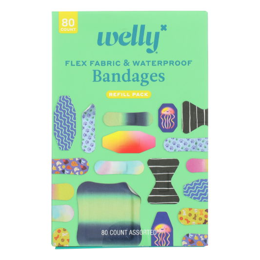 Welly Flex fabric bandages by Pasteur Pharmacy, first aid adhesive strips for minor cuts and injuries.