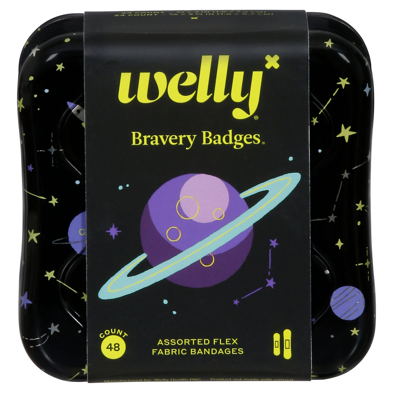 Welly Flex Fabric Bandages Space themed, 48-count first aid bandages with colorful space design in a package.
