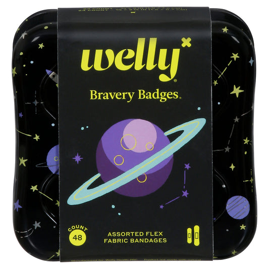 Welly Flex Fabric Bandages Space themed, 48-count first aid bandages with colorful space design in a package.