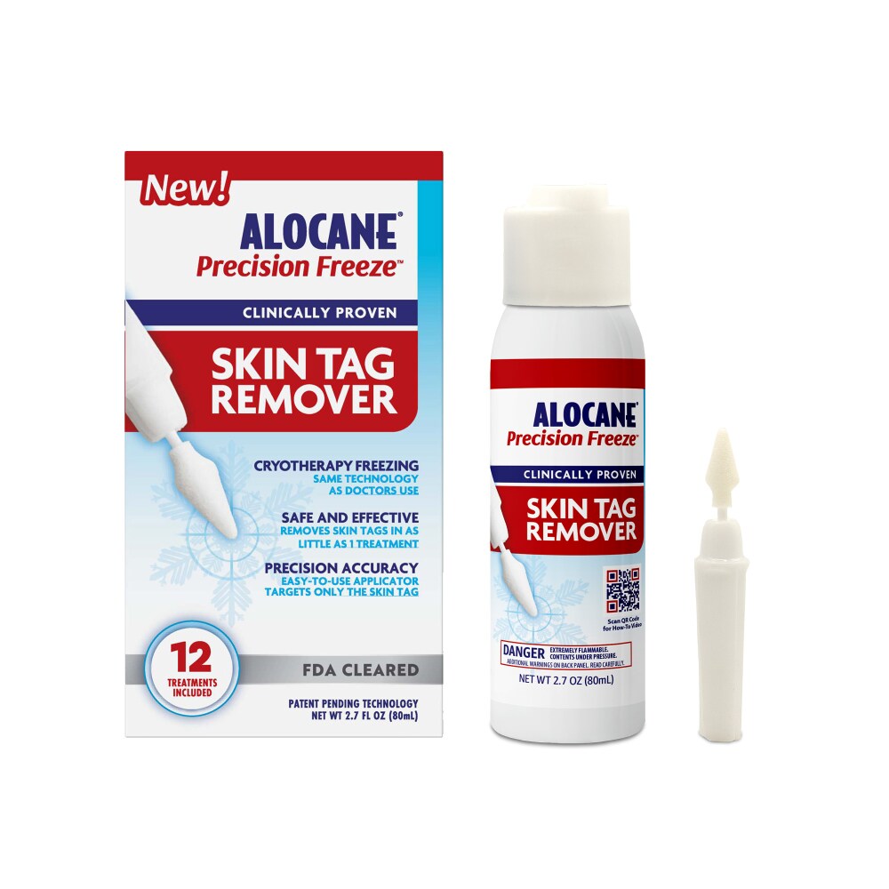 Alocane Precision Freeze Skin Tag Remover 2.7 oz in first aid kit, featuring a bottle of liquid for skin tag removal by Pasteur Pharmacy