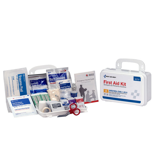 Pasteur Pharmacy 10-person first aid kit with manual, dispenser box, including essential medical supplies for emergency use.