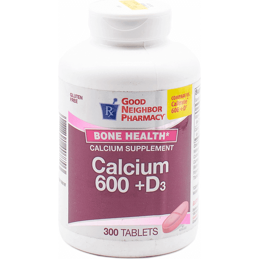 Bottle of 21st Century Good Neighbor Pharmacy Calcium 600+D3 tablets by Pasteur Pharmacy, with 300 tablets in the container.