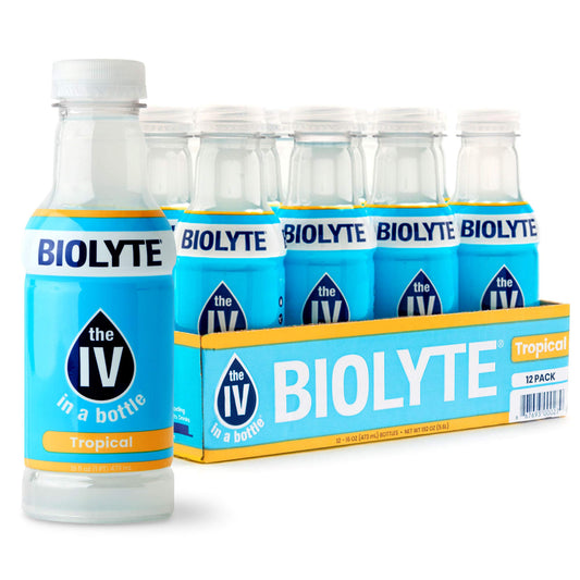 Biolyte® Electrolyte Drink in Tropical Flavor, 16 oz bottle, hydration and fitness supplement by Pasteur Pharmacy.