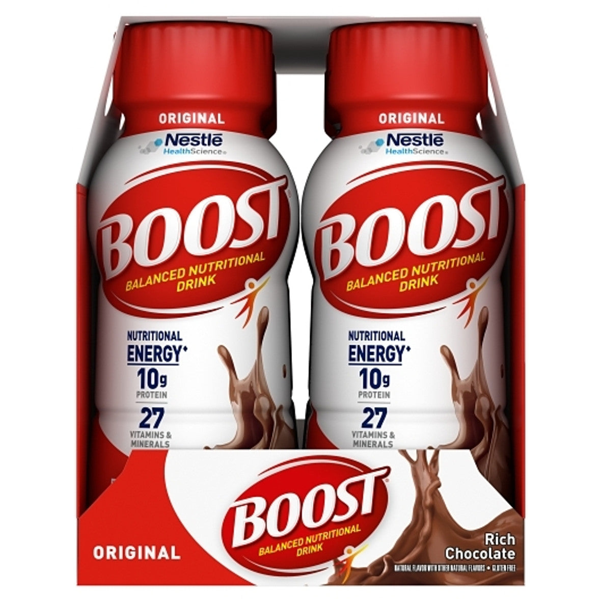 Case of 24 Boost Nutritional Rich Chocolate Drinks by Pasteur Pharmacy, showing individual bottles with chocolate flavor labels.