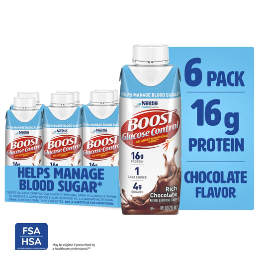 Rich chocolate Boost Glucose Control nutritional drink by Pasteur Pharmacy, balanced for fitness and health, with a nutritious, creamy appearance.