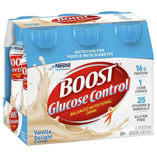 Six bottles of Pasteur Pharmacy Boost Glucose Control Nutritional Drink in Rich Vanilla flavor, 8 fl oz each, for diabetes management.
