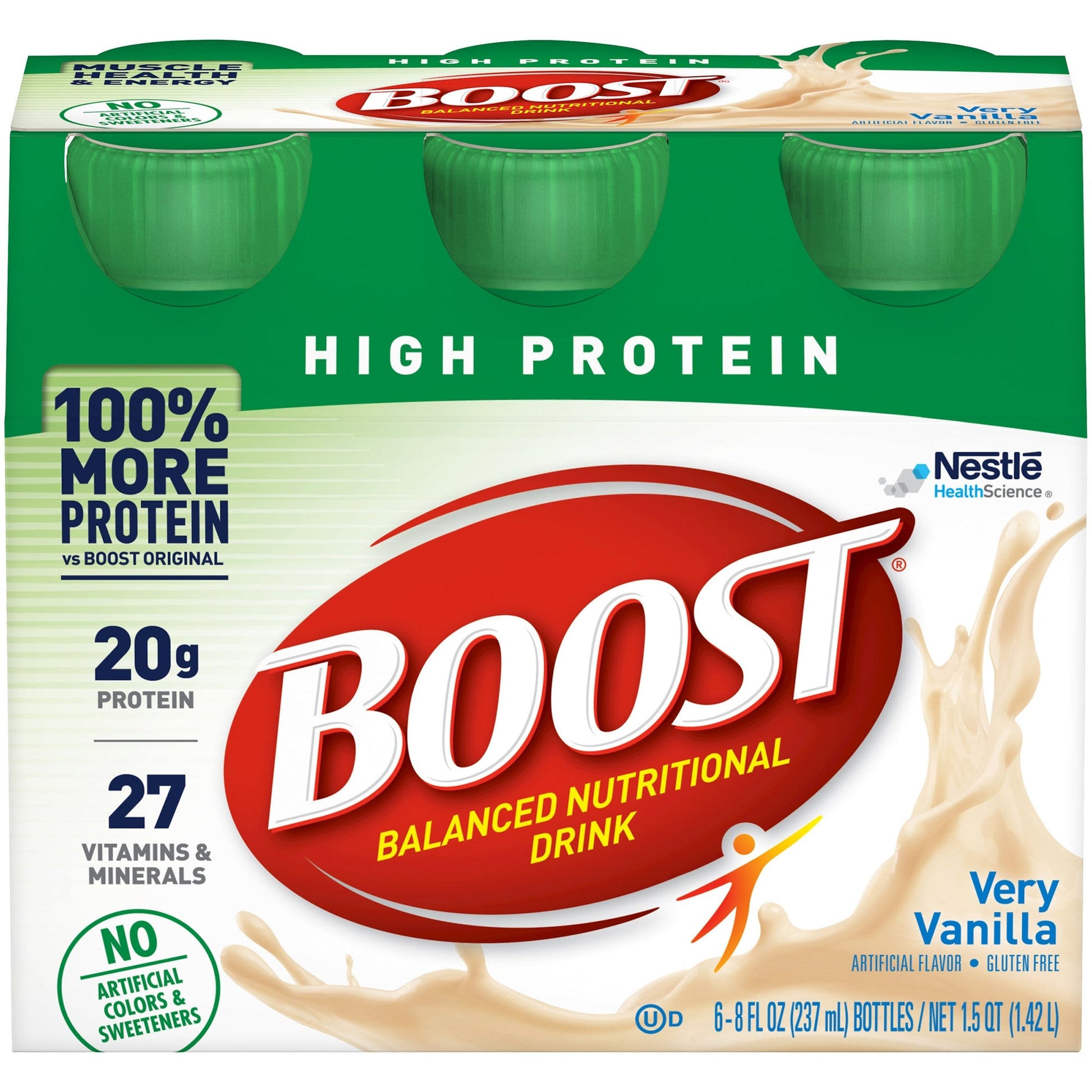Boost High Protein Balanced Nutritional Drink in Very Vanilla flavor, featuring a sleek bottle with nutritional info on the label.