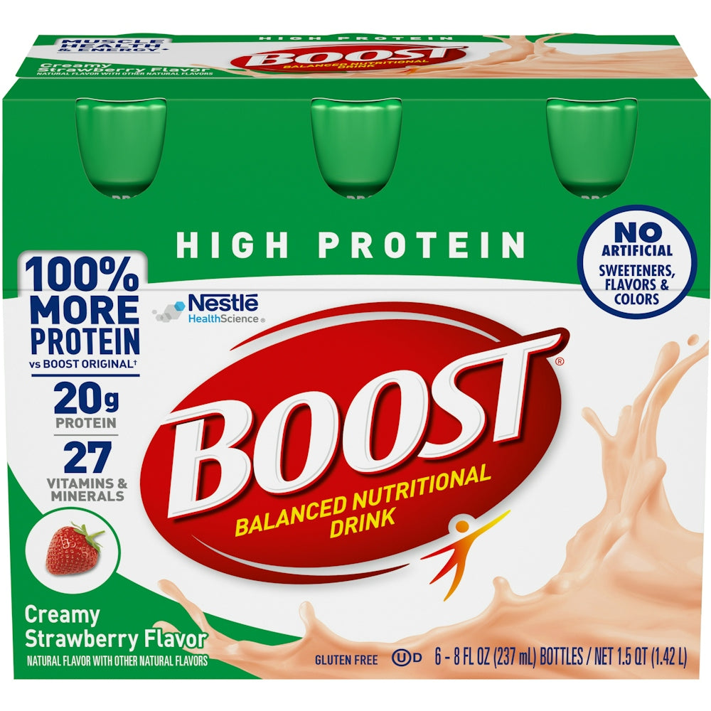 Creamy strawberry Boost high protein complete nutritional drink in a bottle with a label featuring the Pasteur Pharmacy brand logo.