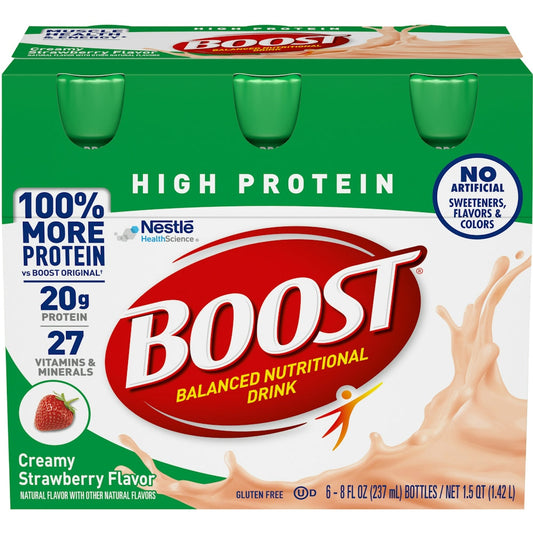 Creamy strawberry Boost high protein complete nutritional drink in a bottle with a label featuring the Pasteur Pharmacy brand logo.