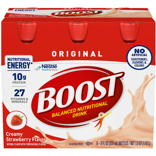 Boost High Protein Nutritional Drink in Very Strawberry flavor, 8 oz bottle, six-pack, with 20g of protein per bottle.