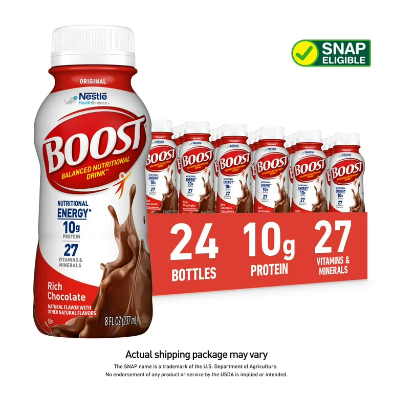 Pack of 24 Boost High Protein Nutritional Shakes in Rich Chocolate flavor, 8 fl oz bottles, for fitness and nutrition.