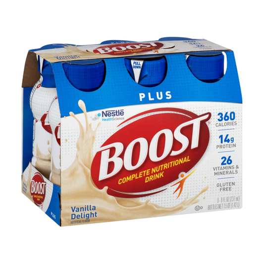 Nestle Boost Plus Very Vanilla nutritional drink in a bottle, part of Pasteur Pharmacy's fitness and nutrition product selection.