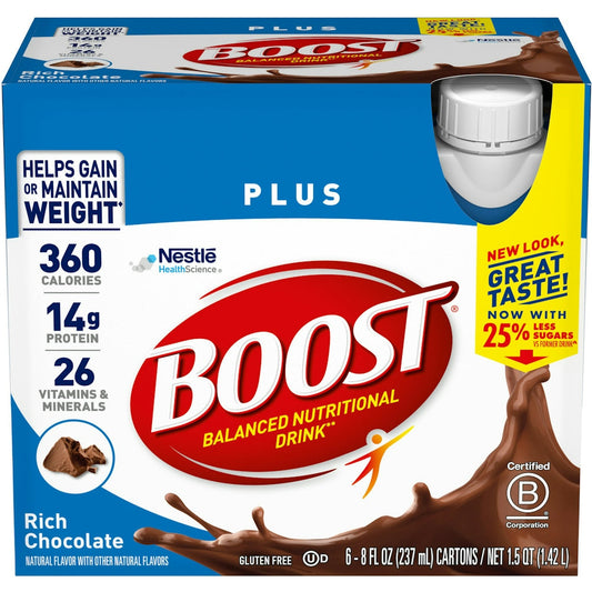 Six 8oz bottles of Boost Plus Complete Nutritional Drink in Rich Chocolate flavor, featuring the product label and packaging.