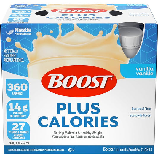 Vanilla BOOST PLUS LQ nutritional supplement bottles by Pasteur Pharmacy, 24-pack of 237ml liquid meal replacements for fitness.