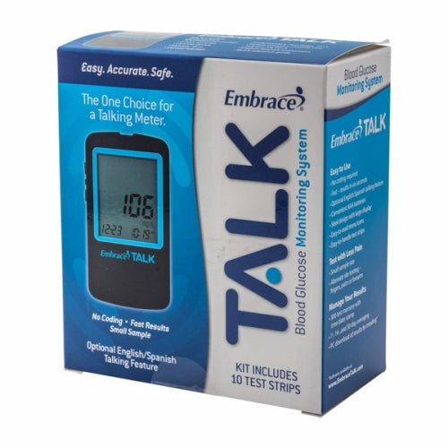 Embrace Blood Glucose Monitoring System for diabetes management, featuring a compact device with display screen and testing strips.