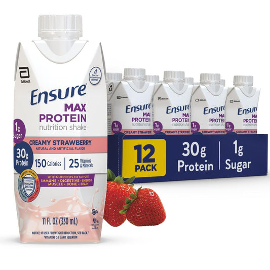 Ensure Max Protein Nutrition Shake in creamy strawberry flavor, 11 fl oz bottle, a fitness and nutrition supplement by Pasteur Pharmacy