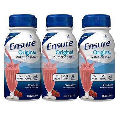 Ensure Original Nutrition Shake in strawberry flavor, 8 fl oz bottles, 24 count, from Pasteur Pharmacy, for fitness and nutrition.