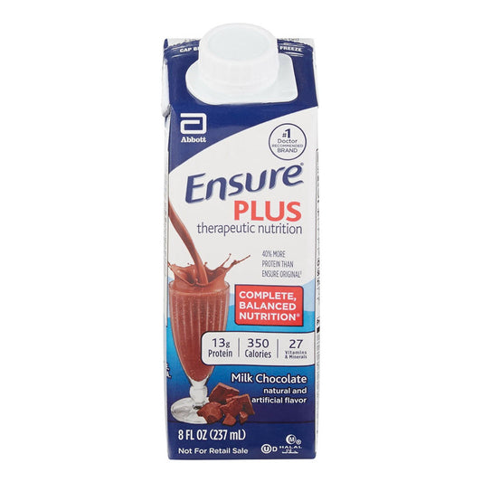 Ensure Plus Nutrition Shake in Milk Chocolate flavor, 8 oz bottle, featuring creamy chocolate drink with nutrition label.