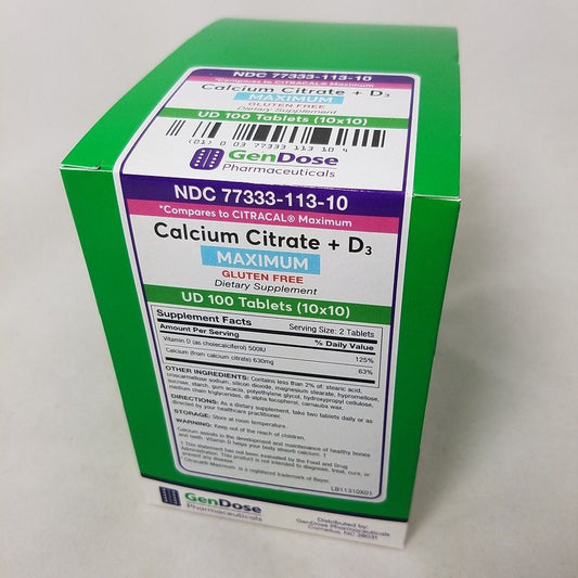 Gendose Calcium Citrate + D3 tablets in a bottle, dietary supplement for bone health by Pasteur Pharmacy, 10x10 pack.