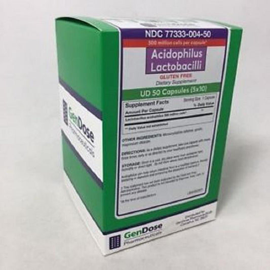 GenDose Pharmaceuticals Acidophilus Lactobacilli capsules in a bottle, dietary supplement for digestive health, 50-count.