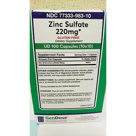 GenDose Pharmaceuticals Zinc Sulfate 220mg capsules, dietary supplement in a bottle, used for immune support and nutrition.