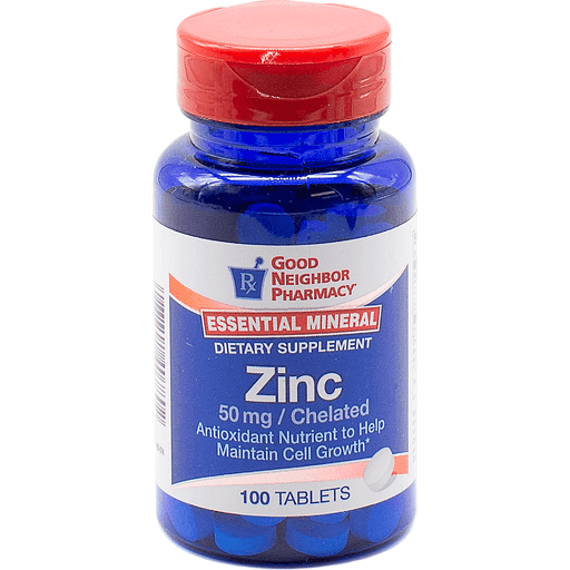 GNP Essential Mineral Zinc 50mg dietary supplement bottles with 100 tablets, used for fitness and nutrition support.