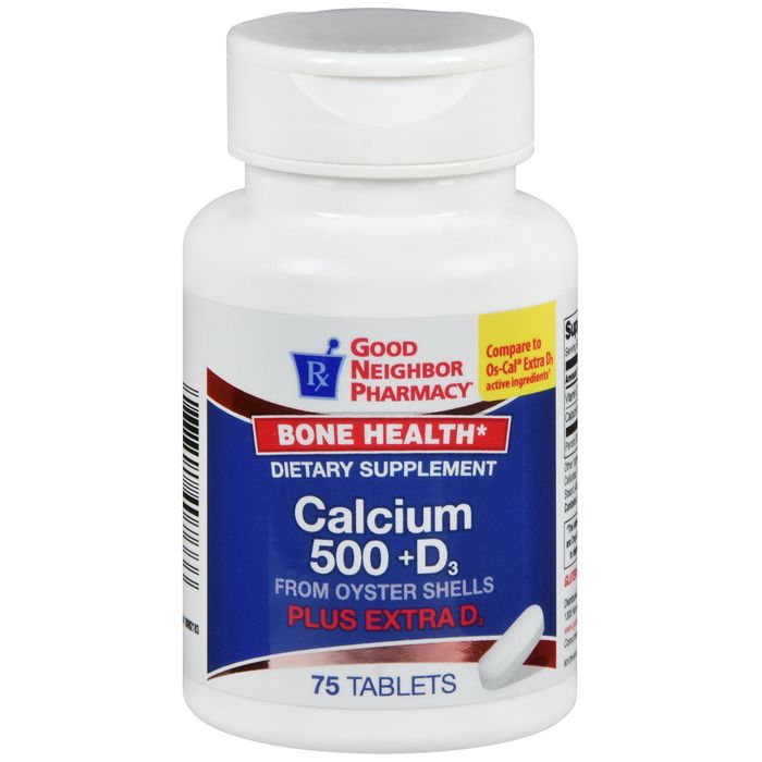 Pasteur Pharmacy Good Neighbor Pharmacy GNP Calcium +D 500 Mg supplement box with 75 tablets for bone health and daily nutrition.