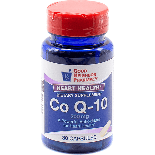 Bottle of Good Neighbor Pharmacy GNP CoQ10 200 Mg dietary supplement capsules by Pasteur Pharmacy, 30-count bottle