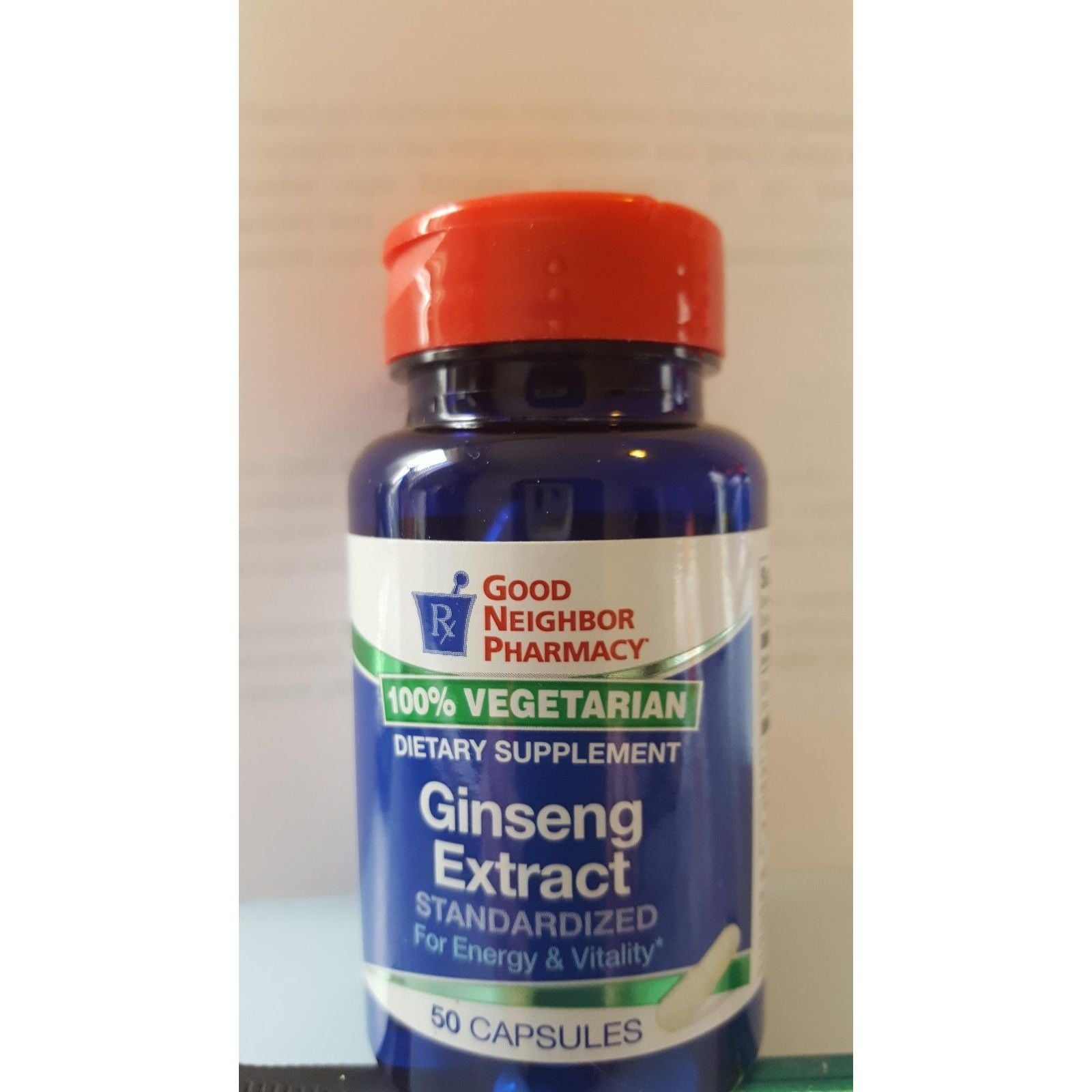 Bottle of Good Neighbor Pharmacy GNP Ginseng 200mg dietary supplement capsules by Pasteur Pharmacy, 50-count bottle.