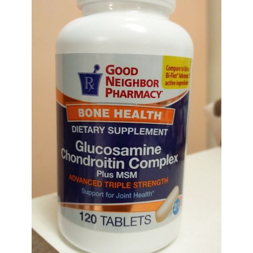 Bottle of Good Neighbor Pharmacy GNP Glucosamine Chondroitin Complex Plus MSM tablets, dietary supplement for joint health.