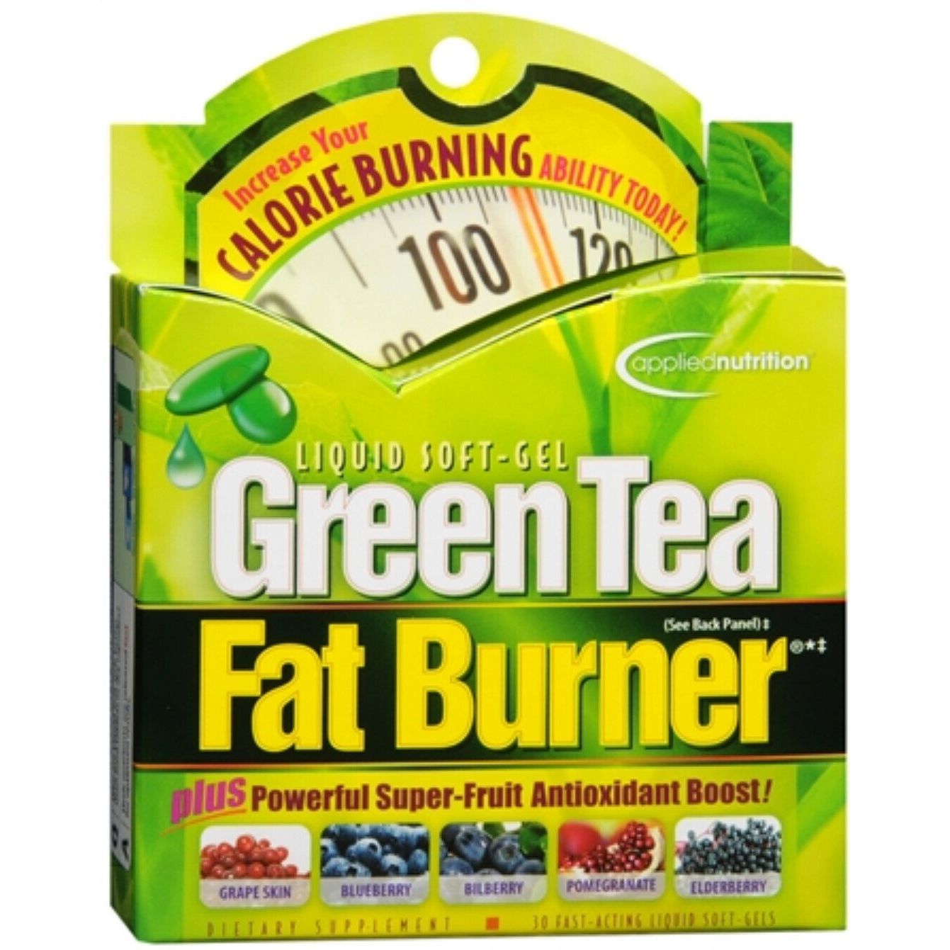 Green Tea Fat Burner Applied Nutrition liquid soft-gels in a bottle, dietary supplement for fitness and weight management.