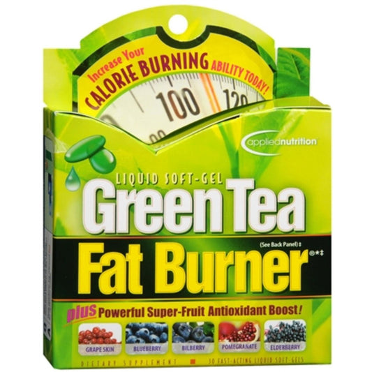 Green Tea Fat Burner Applied Nutrition liquid soft-gels in a bottle, dietary supplement for fitness and weight management.