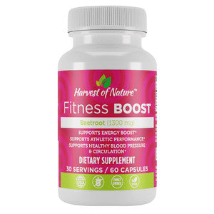 Harvest of Nature Fitness Boost Capsules with beetroot flavor, showing the supplement bottles and capsules in a fitness and nutrition setting.