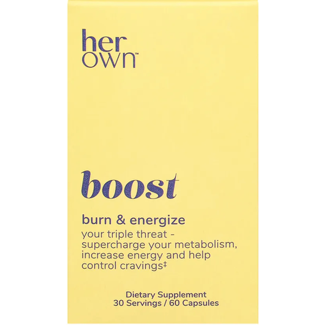Her Own Boost CP 60 fitness and nutrition supplement bottle from Pasteur Pharmacy, featuring a white label with blue accents.