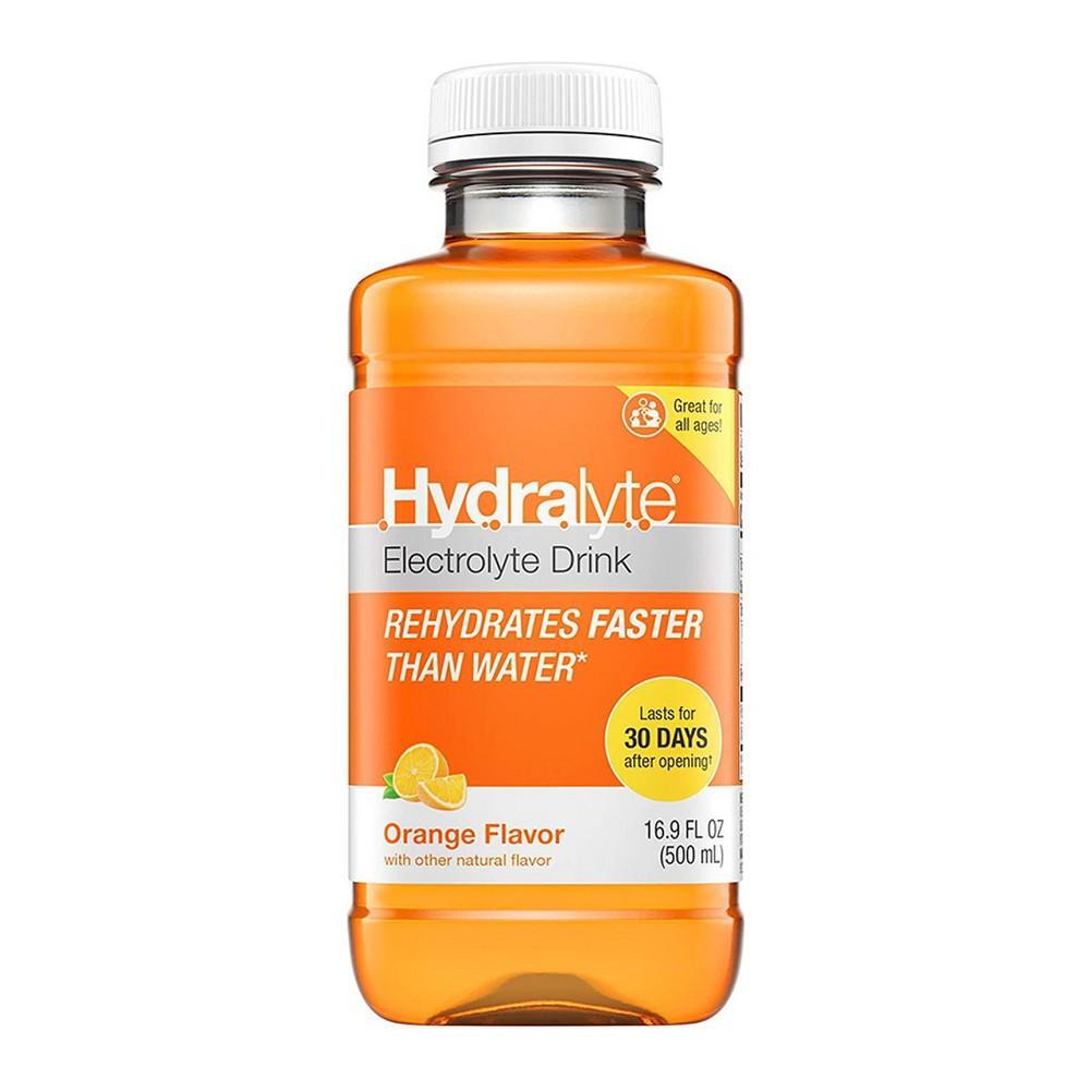 Hydralyte Oral Electrolyte Solution in orange flavor, 16.9 oz, for rehydration and electrolyte replenishment, by Pasteur Pharmacy.