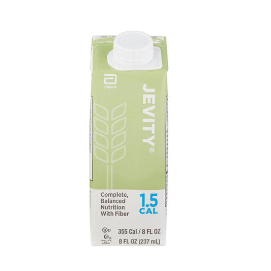 Jevity 1.5 Cal with Fiber unflavored tube feeding formula in an 8 oz bottle, designed for nutrition and dietary support.