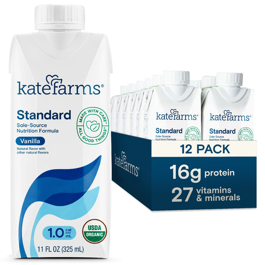 Kate Farms Standard 1.0 Vanilla oral supplement tube feeding formula in an 11 oz carton, designed for nutrition and wellness.