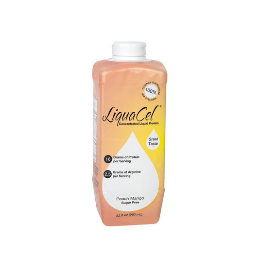 LiquaCel Liquid Protein in Peach Mango flavor, 32 oz bottle, suitable for fitness and nutrition from Pasteur Pharmacy.