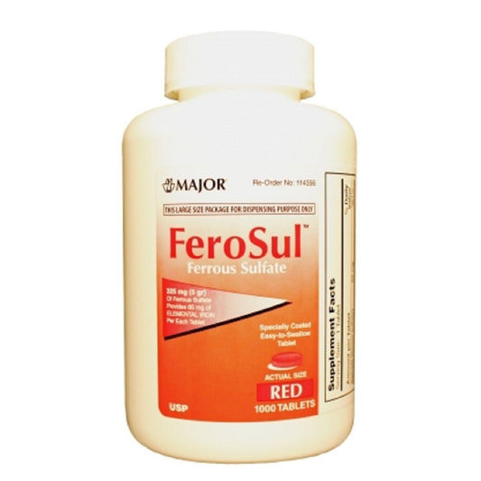 Red tablets of Major FeroSul Ferrous Sulfate 325 mg for nutrition, shown in a bottle, used to support iron levels and energy.