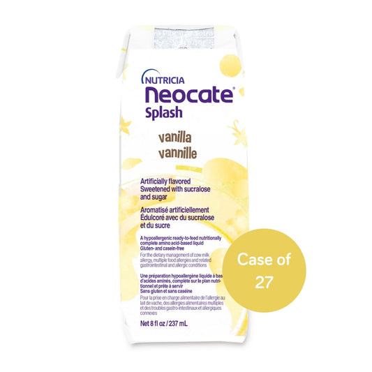 Neocate Splash vanilla ready-to-feed hypoallergenic toddler formula in an 8 fl oz bottle, designed for sensitive diets.