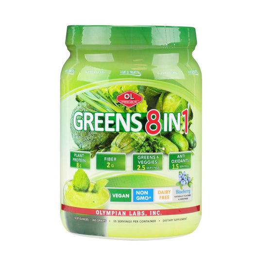 Olympian Labs Greens Protein Powder 8-in-1 Blueberry flavor in 14.2 oz container, fitness and nutrition supplement, front view