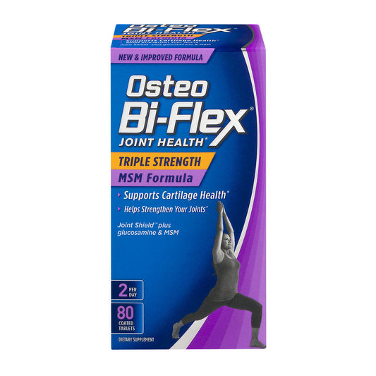 Osteo Bi-Flex Joint Health Triple Strength with MSM supplement in 80 coated tablets, designed to support joint comfort and flexibility.