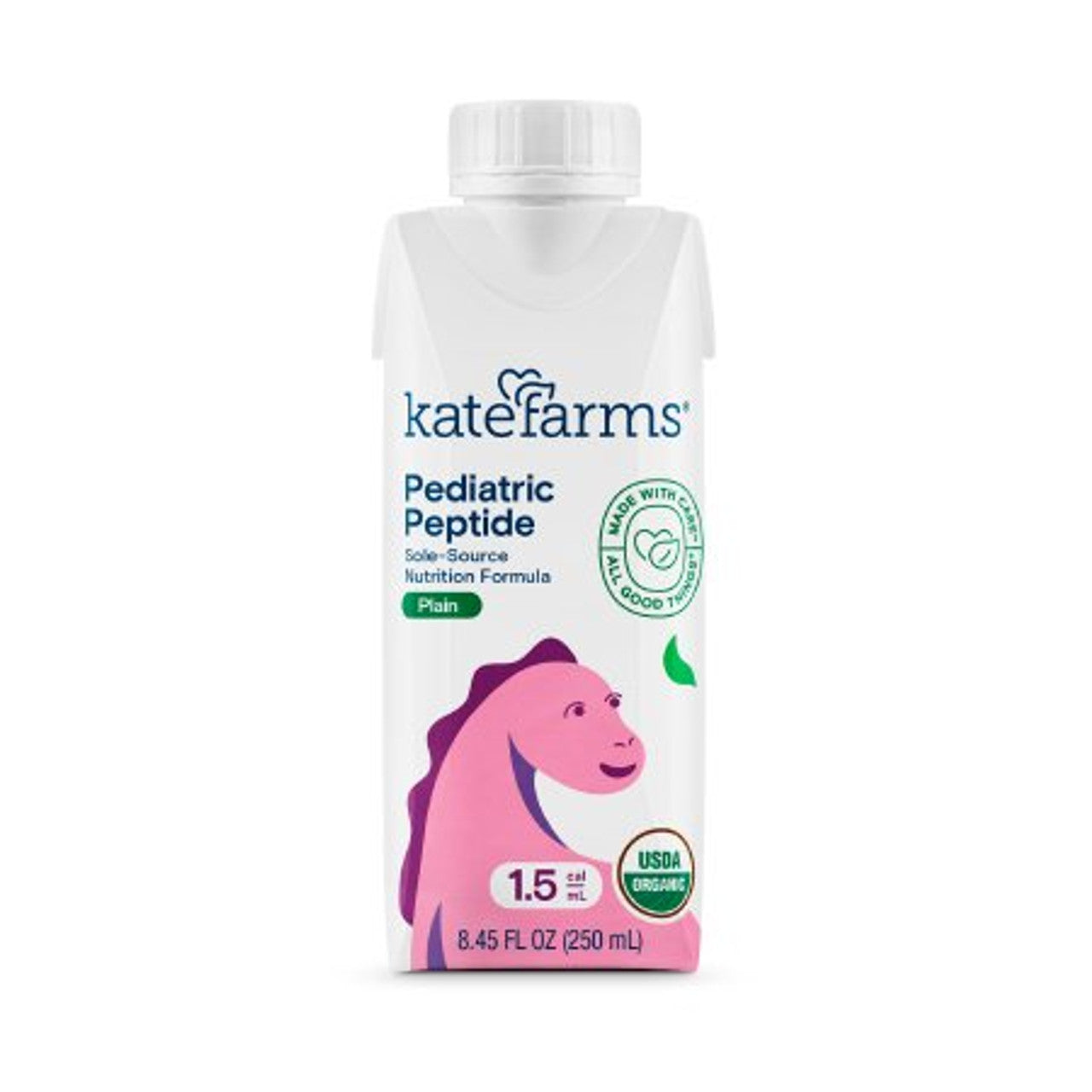 Pediatric Peptide 1.5 Kate Farms oral supplement bottle, plain flavor, 12-pack of 250ml bottles for fitness and nutrition.