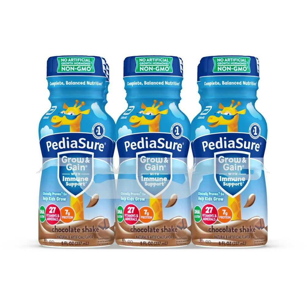 PediaSure Grow & Gain Kids' Nutritional Shake in chocolate flavor, 8 fl oz bottles, six-pack, for children's nutrition and growth.