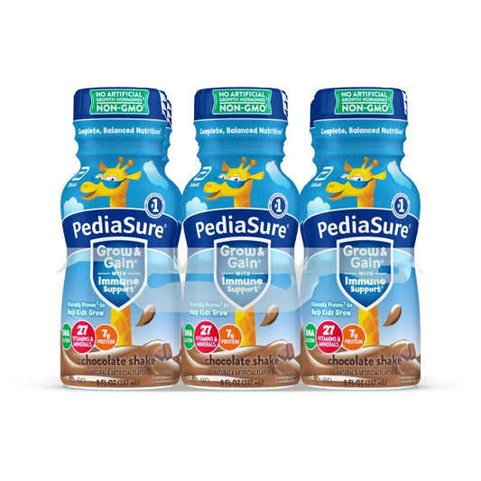 PediaSure Grow & Gain Kids' Nutritional Shake in chocolate flavor, 8 fl oz bottles, six-pack, for children's nutrition and growth.
